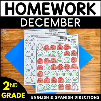 Preview of Second Grade Homework - December (English and Spanish Directions)