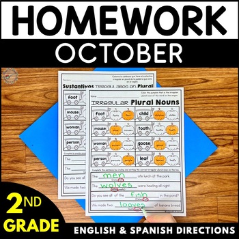 Preview of Second Grade Homework - October (English and Spanish Directions)
