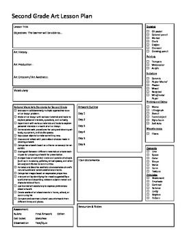 Preview of Second Grade Art Lesson Plan Form with National Art Standards