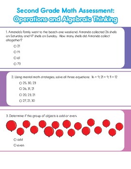 Preview of Second Grade Math Assessment Worksheets | 12 Operations and Algebraic Thinking