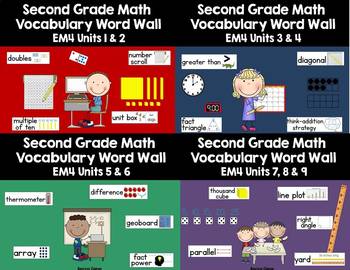 Preview of Second Grade Math EM4 Vocabulary Word Walls (Units 1-9)