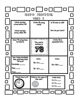 Preview of 2nd Grade Math Homework for ENTIRE YEAR - Place Value(2 & 3 digit), Time, Money