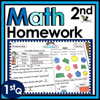 Preview of Second Grade Weekly Math Homework Worksheets and Spiral Review Activities - 1stQ