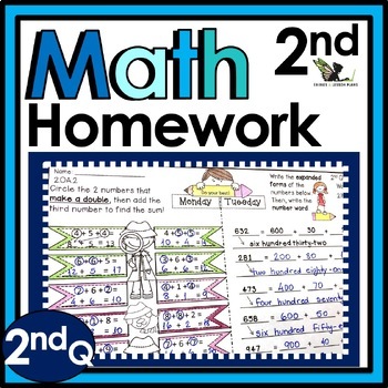 Preview of Second Grade Weekly Math Homework Worksheets and Spiral Review Activities - 2ndQ