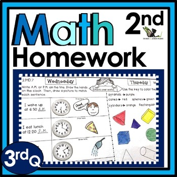 Preview of Second Grade Weekly Math Homework Worksheets and Spiral Review Activities - 3rdQ