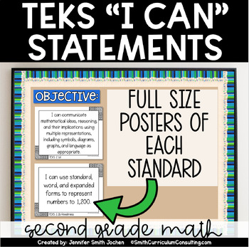 Preview of 2nd Grade Math TEKS I Can Statements - Objective Posters - Black and White