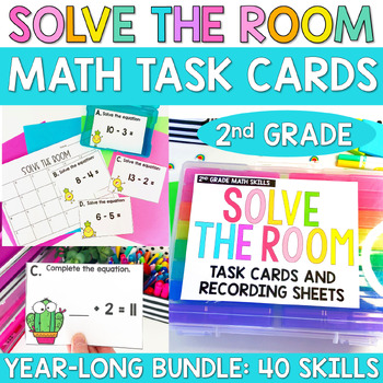 Preview of Second Grade Math Task Cards Solve the Room YEARLONG Math Center Bundle for 2nd