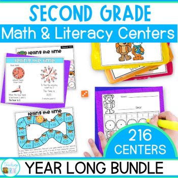 Preview of Second Grade Math and Literacy Centers - Word Work, Phonics Games, Math Stations