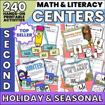 Preview of Second Grade Math Centers and Literacy Centers Hands On Activities with Holidays