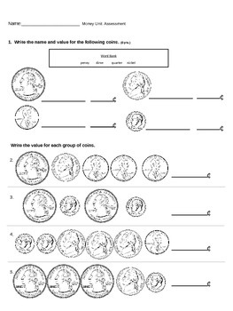 Preview of Second Grade Money Unit Assessment