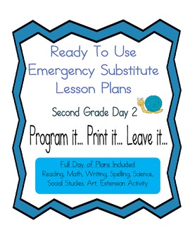 Preview of Second Grade No Prep Editable Elementary Substitute Emergency Lesson Plan, Day 2