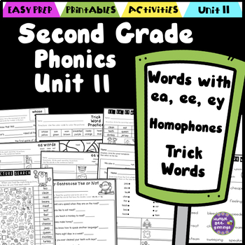 Preview of Second Grade Phonics - Unit 11 Double Vowels ea, ee, ey, Homophones, Trick Words