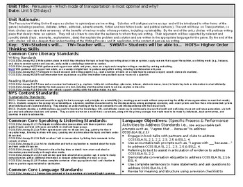 Preview of Second Grade Reading and Writing Transportation Opinion Unit - Unit 5
