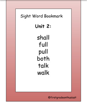 Preview of Second Grade Sight Word Bookmarks (By Units)