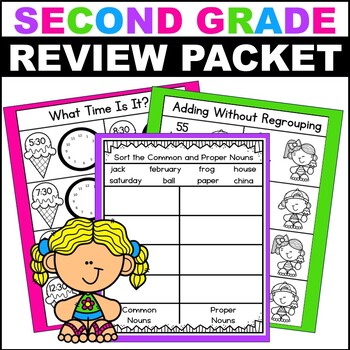 Preview of Second Grade Summer Review Packet for Math and Phonics End of Year Activity