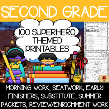 Preview of Second Grade Superhero Themed Worksheets {100 Standards Aligned Printables}