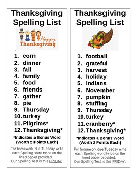 Thanksgiving Spelling List (Editable) By Fabulous Vegas Firsties