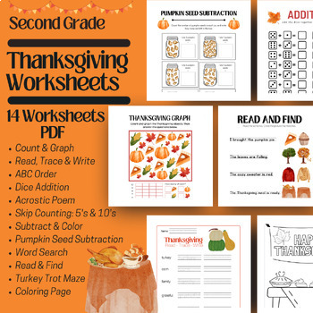 Preview of Second Grade Thanksgiving Worksheets, Workbook, Printable, Activity, Homeschool