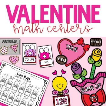 Preview of Second Grade Valentine Math Centers - 6 Centers in Color and Black and White