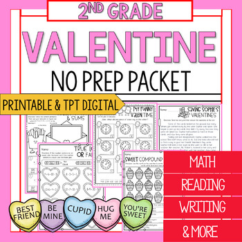 Preview of Second Grade Valentine Math and Reading Worksheets | Valentine Packet