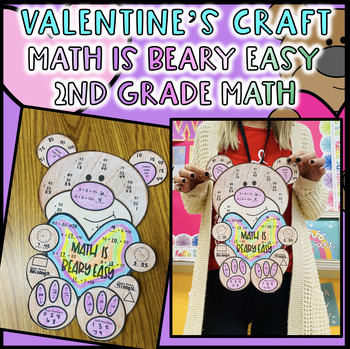 Preview of Second Grade Valentine's Bear Math Craft Hallway Bulletin Board February Adding