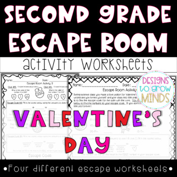Preview of Second Grade Valentine's Day Math Worksheets- Escape Room Activities