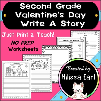 Preview of Second Grade Valentine's Day Write A Story Picture Prompts + Word Banks NO PREP