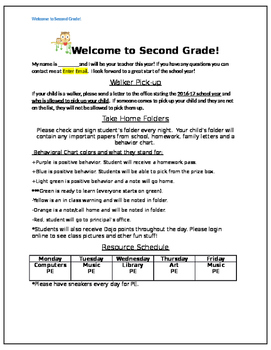 Preview of Second Grade Welcome Letter