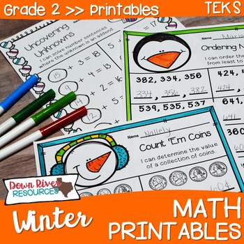 Preview of Second Grade Winter Math No Prep Printables {TEKS/CCSS}