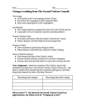Preview of Second Vatican Council Major Changes Handout and Vatican II Interview Assignment