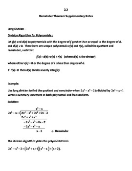 Preview of Common Core Secondary Math 3 Unit 2 Remainder Th., Long Div.,Synthetic Div.