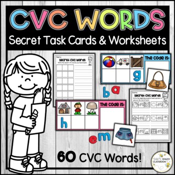 Secret CVC Word Task Cards and Practice Worksheets - Phonics Review