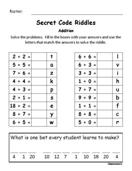 secret code math riddles addition subtraction set 1 by classroom63