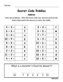 secret code math riddles addition subtraction set 3 by classroom63