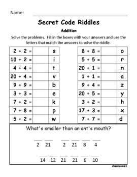 secret code math riddles addition subtraction set 4 by classroom63