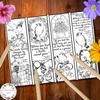 Secret Garden Quotes Coloring Bookmarks Cards with Birds & Flowers Gift ...