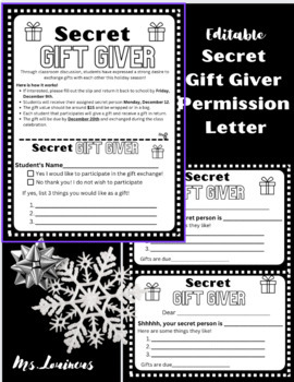 Preview of Secret Gift Giver (Secret Santa) Holiday Inclusive Classroom Editable Letters