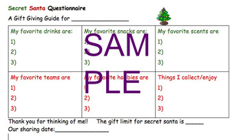 Preview of Secret Santa or Christmas Sharing Questionnaire School White Elephant Gifts