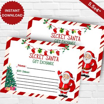 Secret Santa Gift Exchange Cards, Instant Download,Santa Wish List, GIFT