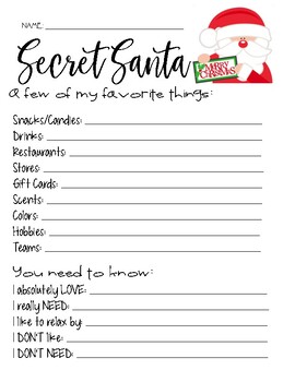 Secret Santa Questionnaire By Jessica Ternus Teachers Pay Teachers