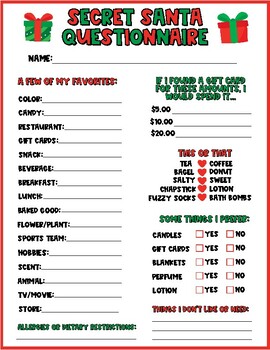 Secret Santa Questionnaire, Secret Santa Gift Exchange List by McMaglo ...