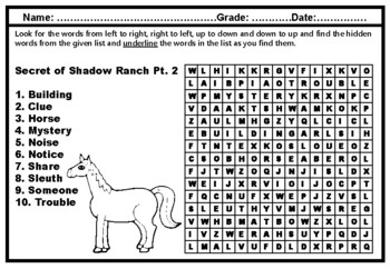 Secret of Shadow Ranch Pt. 2, Word Search, Grade 5, Literature ...