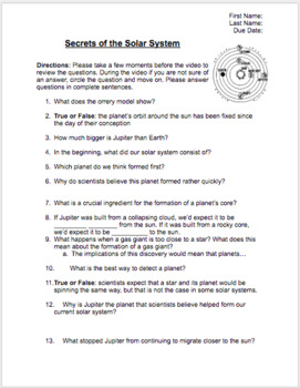 Secrets Of The Solar System Video Sheet With Answer Key