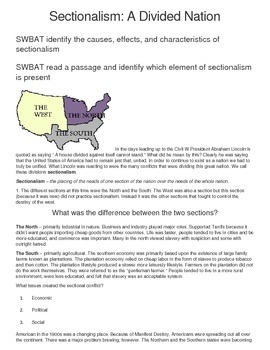 Preview of Sectionalism in the US, reading, graphic organizer, activities