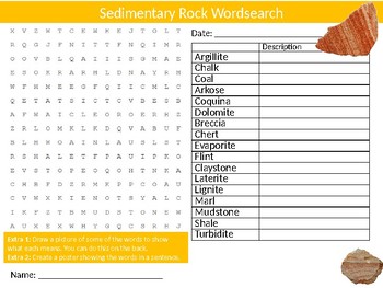 Preview of Sedimentary Rock Wordsearch Sheet Science Geology Starter Activity Keywords