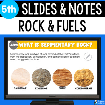 Preview of Sedimentary Rock and Fossil Fuel Formation Slides & Notes Worksheet | 5th Grade