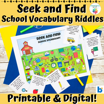 Preview of Seek and Find School Vocabulary Riddles Boom Cards Speech Therapy I Spy Activity