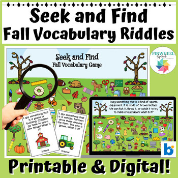 Preview of Seek and Find Fall Vocabulary Riddles Speech Therapy I Spy Game + Boom Cards