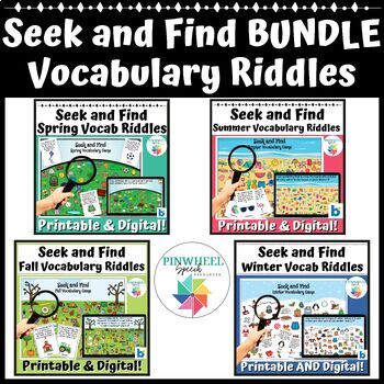 Preview of Seek and Find Seasonal Vocabulary Riddles Bundle Speech Therapy Boom + Printable
