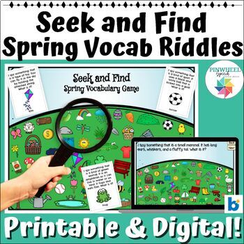 Preview of Seek and Find Spring Vocabulary Riddles Speech Therapy Print + Boom Cards™